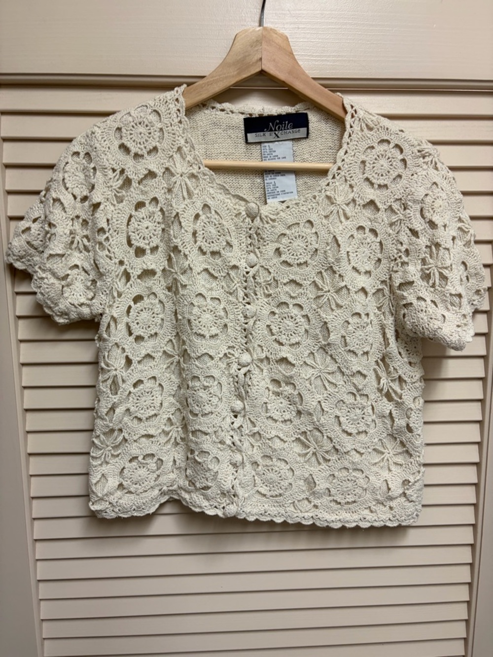 Noile Silk Exchange Silk Blend Crochet Cardigan Womens L Boho Ivory Cottagecore